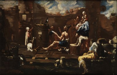 Gruppo di artisti che si esercitano con un corvo parlante da Circle of Alessandro Magnasco